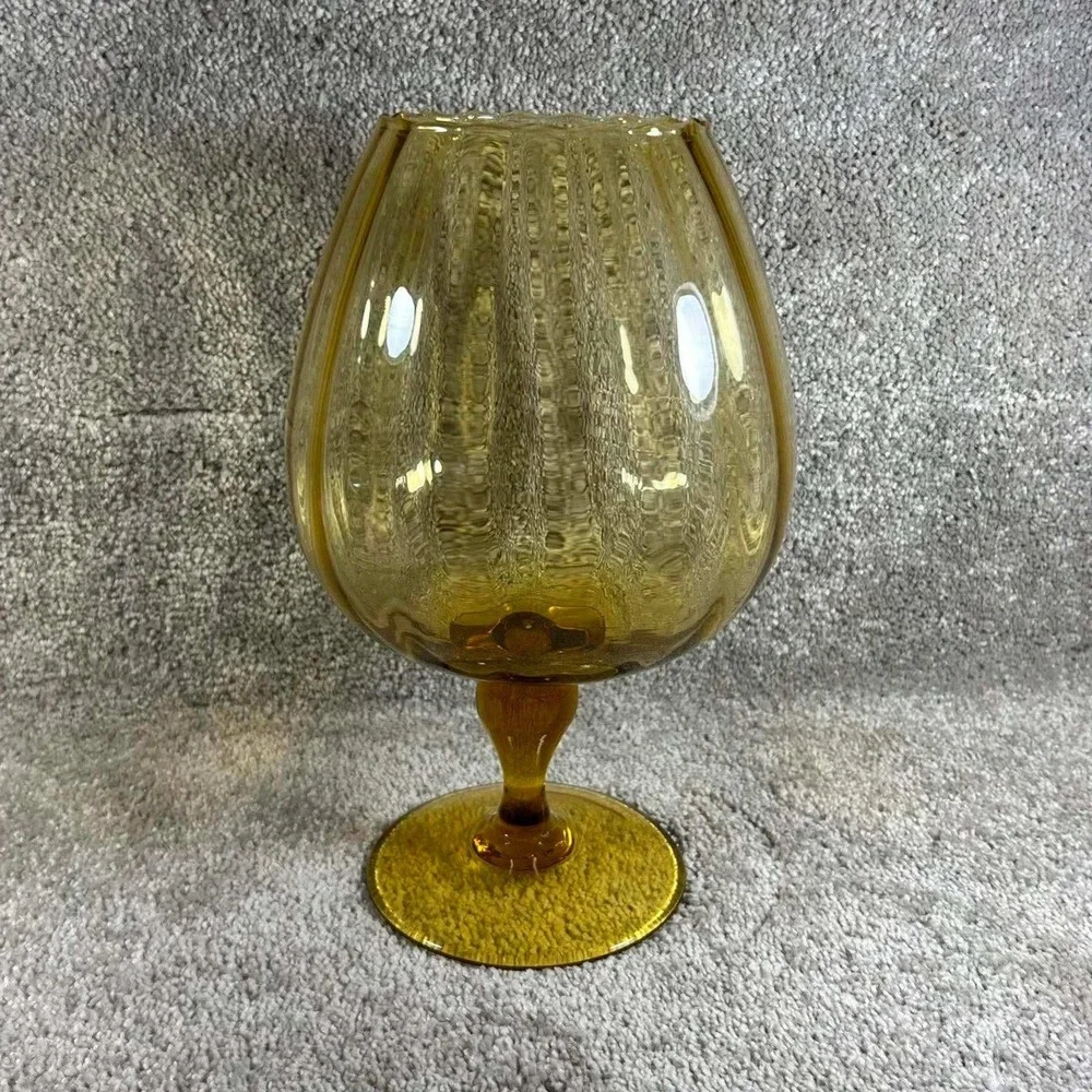 Brandy Snifter Vase Amber Optic Ribbed Glass Pedestal Scalloped Rim 9.5in